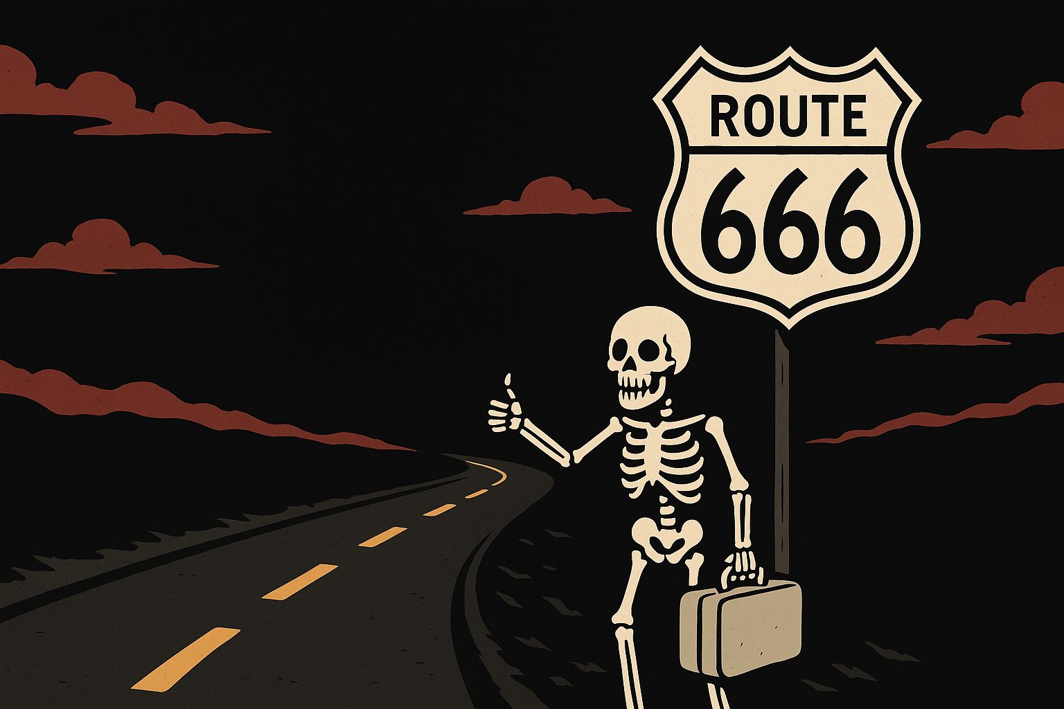 Route 666 desert road with skeleton hitchhiker